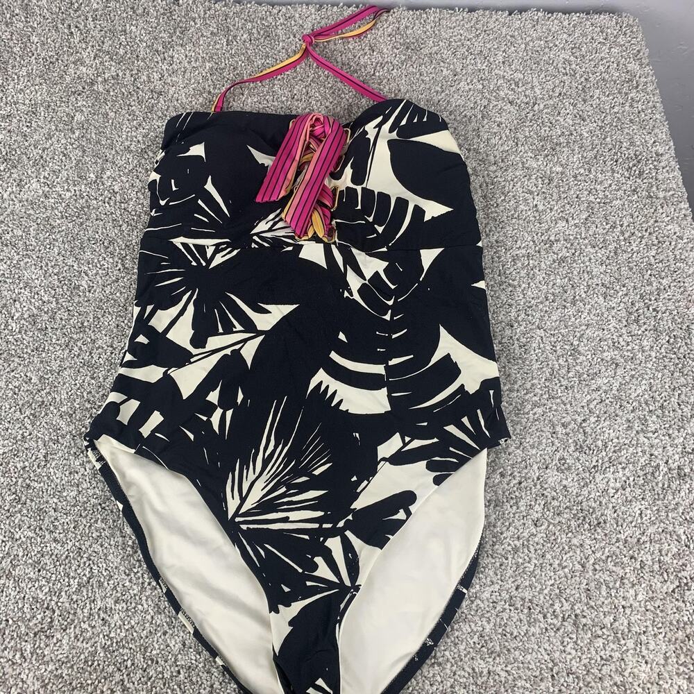 Trina Turk Swimsuit Womens 14 Black Tropical Floral One Piece Halter Strap